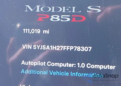 2015 Tesla Model S 70D/85D/P85D z USA, uszkodzony, nr VIN 5YJSA1H27FFP78307